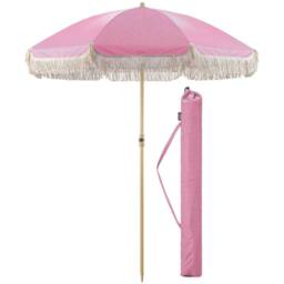 Christow Portable Parasol Beach Garden Tilting Umbrella Fringed Tassel Sun Shade UV50+ 2m in Pink