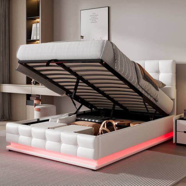 HomeTouch Kelly Double PU Faux Leather Ottoman Storage Bed with LED 4ft6 in White - image 1