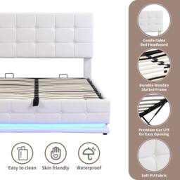 HomeTouch Kelly Double PU Faux Leather Ottoman Storage Bed with LED 4ft6 in White - thumbnail 6
