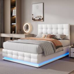 HomeTouch Kelly Double PU Faux Leather Ottoman Storage Bed with LED 4ft6 in White - thumbnail 2