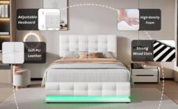 HomeTouch Kelly Double PU Faux Leather Ottoman Storage Bed with LED 4ft6 in White - thumbnail 8