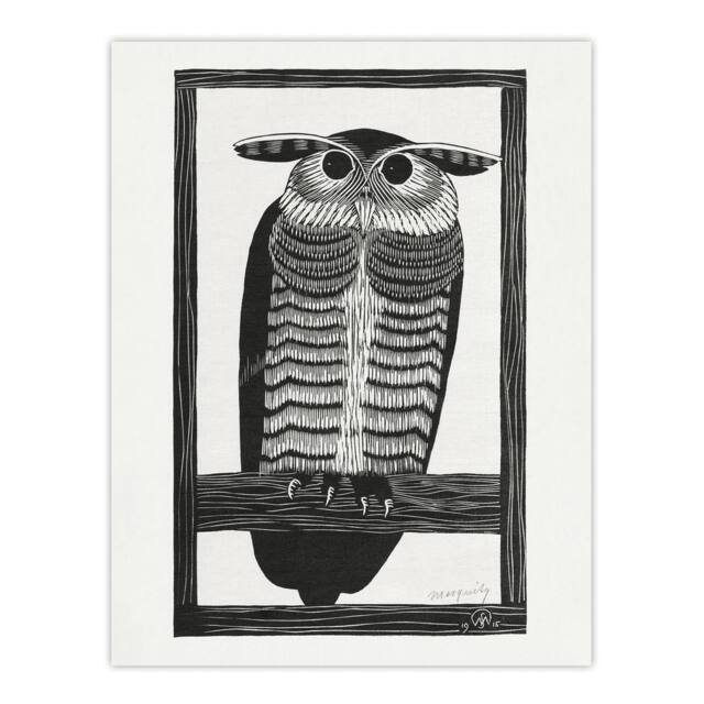 "Artery8 Stylised Horned Owl Samuel J De Mesquita Wall Art Poster Print in White - Size: W24"" x H32""" - image 1
