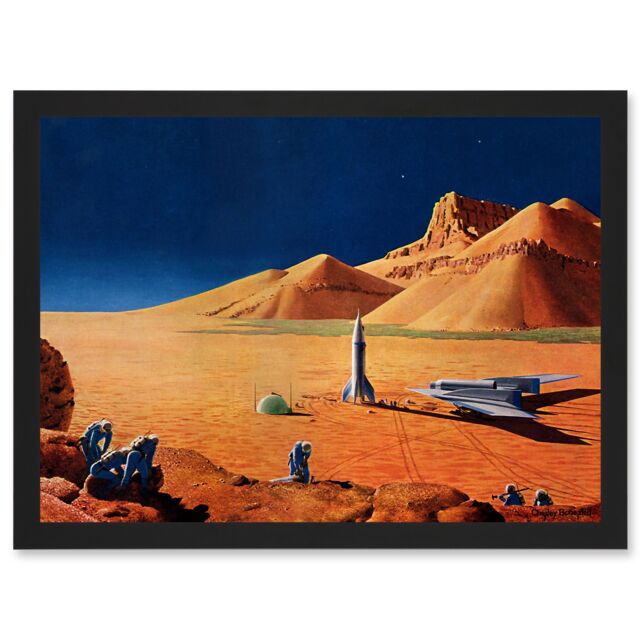 Artery8 Science Fiction Landscape Desert Space Ship Rocket Plane Mars Sci-Fi A4 Artwork Framed Wall Art Print in Black - image 1