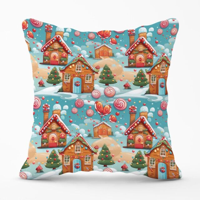 Warren Reed - Designer Christmas Gingerbread House Outdoor Cushion in Blue - Size: 60 cm x 60 cm - image 1