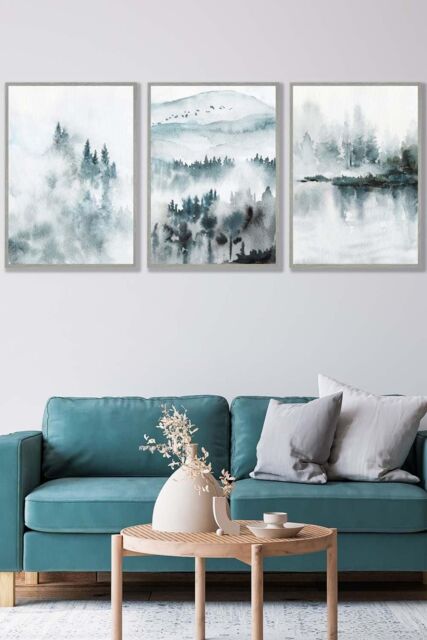 ARTZE Set of 3 Light Grey Framed Teal Blue Abstract Forest Lake Wall Art - Size: W33 cm x H45 cm x D20mm - image 1
