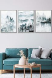 ARTZE Set of 3 Light Grey Framed Teal Blue Abstract Forest Lake Wall Art - Size: W33 cm x H45 cm x D20mm