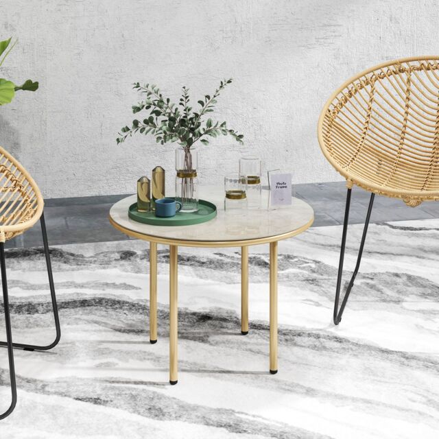 OUTSUNNY Round Small Garden Table with Faux Marble Glass Top, Beige - image 1