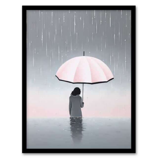 Artery8 Wall Art Print Too Much Rain By Amy Denver Minimalist Soft Pastel Umbrella Brolly Pink Minimalism Simple Modern Artwork Art Framed - image 1