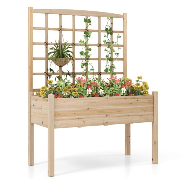 Costway Raised Garden Bed w/ Lattice Trellis & Drainage Holes-Natural in Natural - image 1