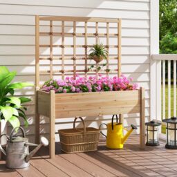 Costway Raised Garden Bed w/ Lattice Trellis & Drainage Holes-Natural in Natural - thumbnail 7