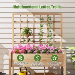 Costway Raised Garden Bed w/ Lattice Trellis & Drainage Holes-Natural in Natural - thumbnail 5