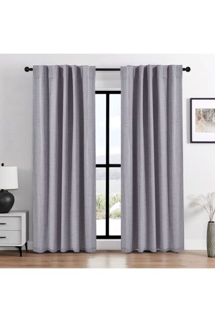 H&O Direct Grey Faux Linen Blackout Curtains Pair with Back Tab & Pole Pocket Top, 168cm W x 229 cm H - image 1