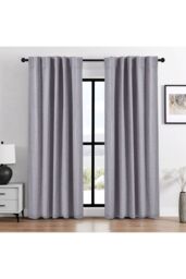 H&O Direct Grey Faux Linen Blackout Curtains Pair with Back Tab & Pole Pocket Top, 168cm W x 229 cm H - thumbnail 1