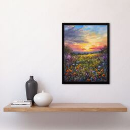 "Artery8 Wildflower Meadow at Sunset Oil Painting Summer Framed Art Print - Size: W12"" x H16""" - thumbnail 4
