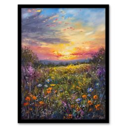 "Artery8 Wildflower Meadow at Sunset Oil Painting Summer Framed Art Print - Size: W12"" x H16""" - thumbnail 1