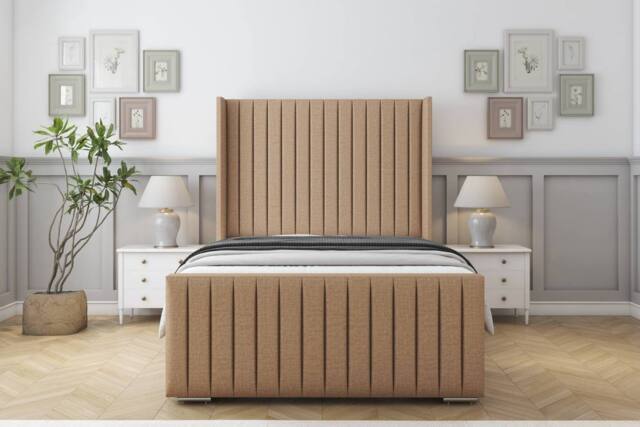 "Sloomy Marlborough Dumfries Frame-Mattress-50"" Upholstered Wingback Headboard in Light Brown - Size: Single" - image 1