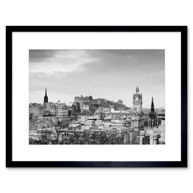 "Artery8 Photo Cityscape Edinburgh Castle Rooftops Black White Framed Art Print in Grey - Size: W12"" x H16""" - image 1