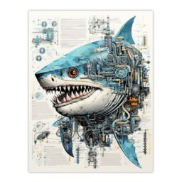Artery8 Wall Art Print Weapons Grade Shark Robot Hybrid Secret Military Schematic Blue Futuristic Complex Arcane Manuscript Gift For Him Man Cave - thumbnail 1