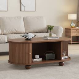 Rolipo Dark Oak Oval Coffee Table with Sliding Doors & Hidden Storage in Brown - Size: 1 Pack - thumbnail 8