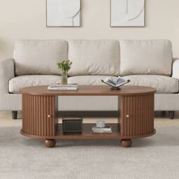 Rolipo Dark Oak Oval Coffee Table with Sliding Doors & Hidden Storage in Brown - Size: 1 Pack - thumbnail 6