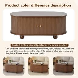Rolipo Dark Oak Oval Coffee Table with Sliding Doors & Hidden Storage in Brown - Size: 1 Pack - thumbnail 3