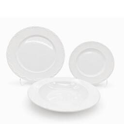 Glim & Glam Dinner Set Porcelain White Embossed Floral Dot Rim Plates Bowls 18pc