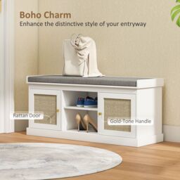 HOMCOM Shoe Bench, Boho Shoe Storage Bench with Padded Cushion, White - thumbnail 4