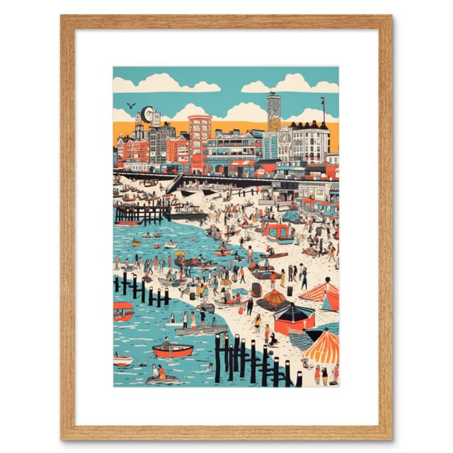 "Artery8 Wall Art Print Brighton Beach Warm Summer Day Colourful Scene Artwork Framed 9X7 Inch in Beige - Size: W7"" x H9""" - image 1
