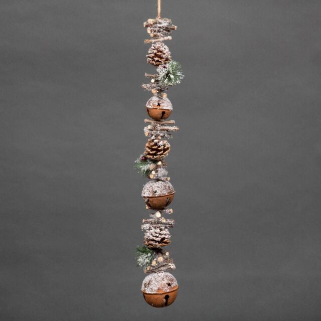 Shatchi 90cm Garland with Red Jingle Bells Wooden Sticks, Berries & Pinecones Christmas Home Wall Door Hanger Sleigh Bells Xmas in Brown - image 1