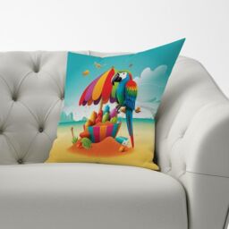 Warren Reed - Designer Parrot On A Beach Holiday Cushions in Yellow - Size: 45 cm x 45 cm - thumbnail 2