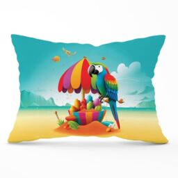 Warren Reed - Designer Parrot On A Beach Holiday Cushions in Yellow - Size: 45 cm x 45 cm - thumbnail 1