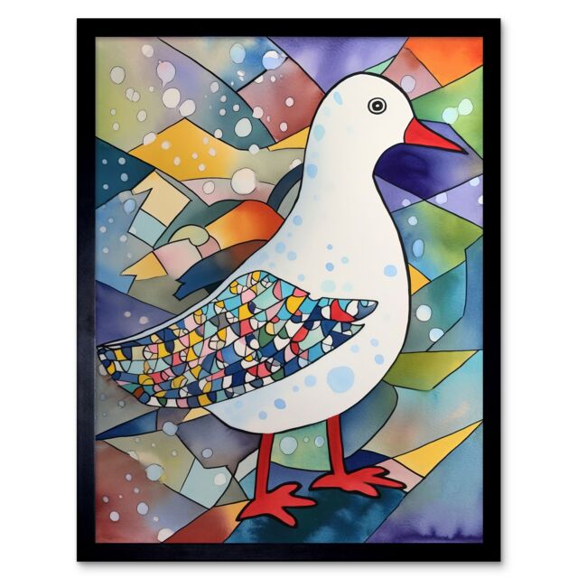 "Artery8 Wall Art Print Seagull Bird & Snowflakes Folk Art Framed in Black - Size: W12"" x H16""" - image 1