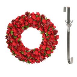 Dibor 42cm Extra Large Red Rose Christmas Wreath with Stag Wreath Hanger
