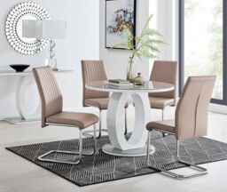 FurnitureboxUK Giovani Round 4 Seat 100cm White High Gloss Unique Halo Base Grey Glass Top Dining Table 4 Soft Faux Leather Lorenzo Chairs in Beige - thumbnail 1
