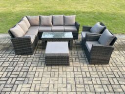 Fimous Outdoor Furniture Garden Dining Set Rattan Corner Sofa Set with 2 Armchairs Big Footstool Dark Grey Mixed - thumbnail 2