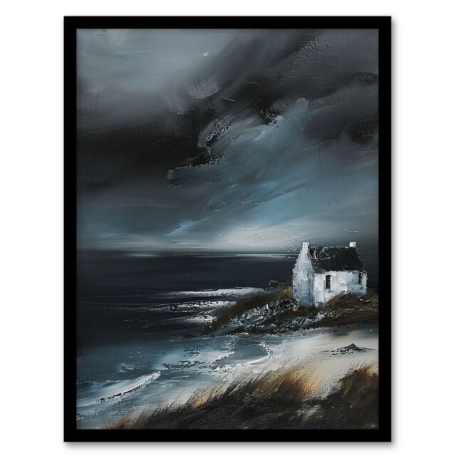 Artery8 Scottish Coastal Cottage Oil Painting Timeless Framed Art Print in Grey - Size: A4 - image 1