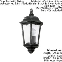 Loops IP44 Outdoor Wall Light Black & Silver Patina Clear Glass 1 x 60W E27 Bulb - thumbnail 2