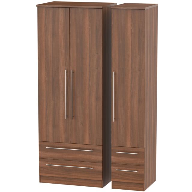 Ready Assembled 2 U Carlton Tall Triple 2 Drawer + Drawer Wardrobe (Ready Assembled) in Walnut