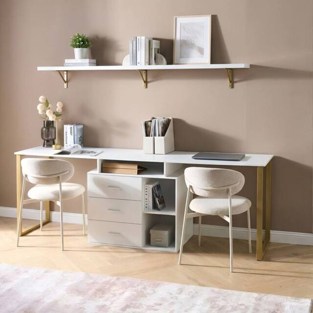 Wyld and Coco White L-Shaped Corner Desk with Gold Legs and 3-Drawer Storage - image 1