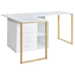 Wyld and Coco White L-Shaped Corner Desk with Gold Legs and 3-Drawer Storage - thumbnail 8