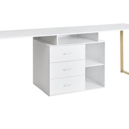 Wyld and Coco White L-Shaped Corner Desk with Gold Legs and 3-Drawer Storage - thumbnail 2