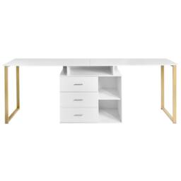 Wyld and Coco White L-Shaped Corner Desk with Gold Legs and 3-Drawer Storage - thumbnail 4