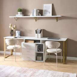 Wyld and Coco White L-Shaped Corner Desk with Gold Legs and 3-Drawer Storage - thumbnail 1