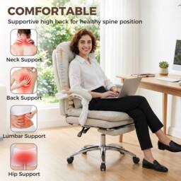 HOMCOM Reclining Office Chair, Desk Chair with Lumbar Support, Khaki - thumbnail 4