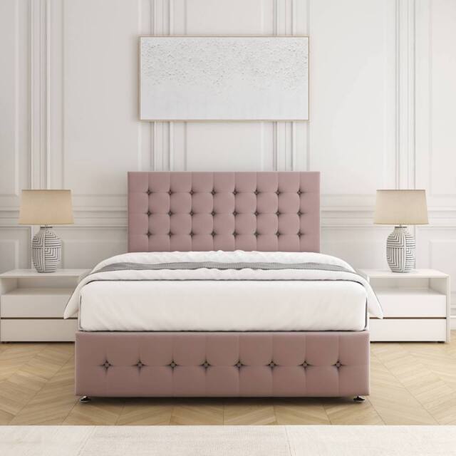 "BSSPOKE Eva Divan Bed Set Plush Velvet 24"" Headboard & Mattress No Drawers in Pink - Size: Small Double" - image 1