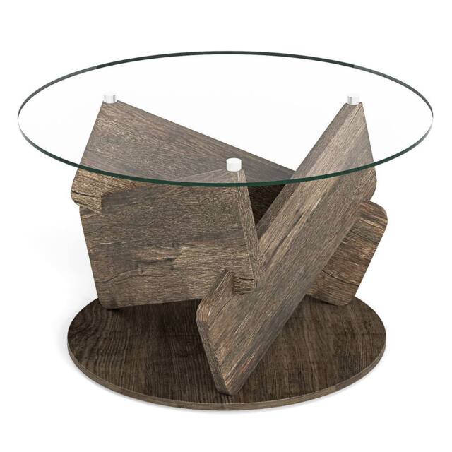 Gymax Glass Coffee Table Round Rustic Center Table for Small Space in Grey - image 1