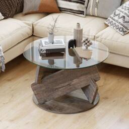 Gymax Glass Coffee Table Round Rustic Center Table for Small Space in Grey - thumbnail 4