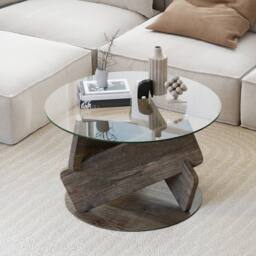 Gymax Glass Coffee Table Round Rustic Center Table for Small Space in Grey - thumbnail 5