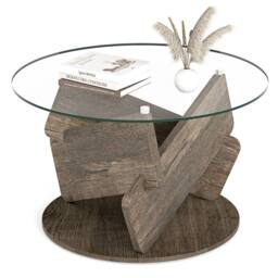 Gymax Glass Coffee Table Round Rustic Center Table for Small Space in Grey - thumbnail 2