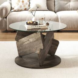 Gymax Glass Coffee Table Round Rustic Center Table for Small Space in Grey - thumbnail 3